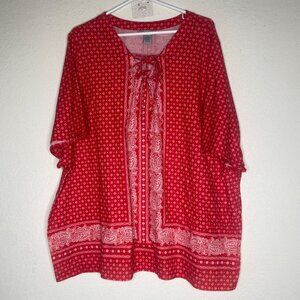 Catherines Red Boho Tunic Top 3X 26/28 Plus Size Paisley Geometric Peasant Relax